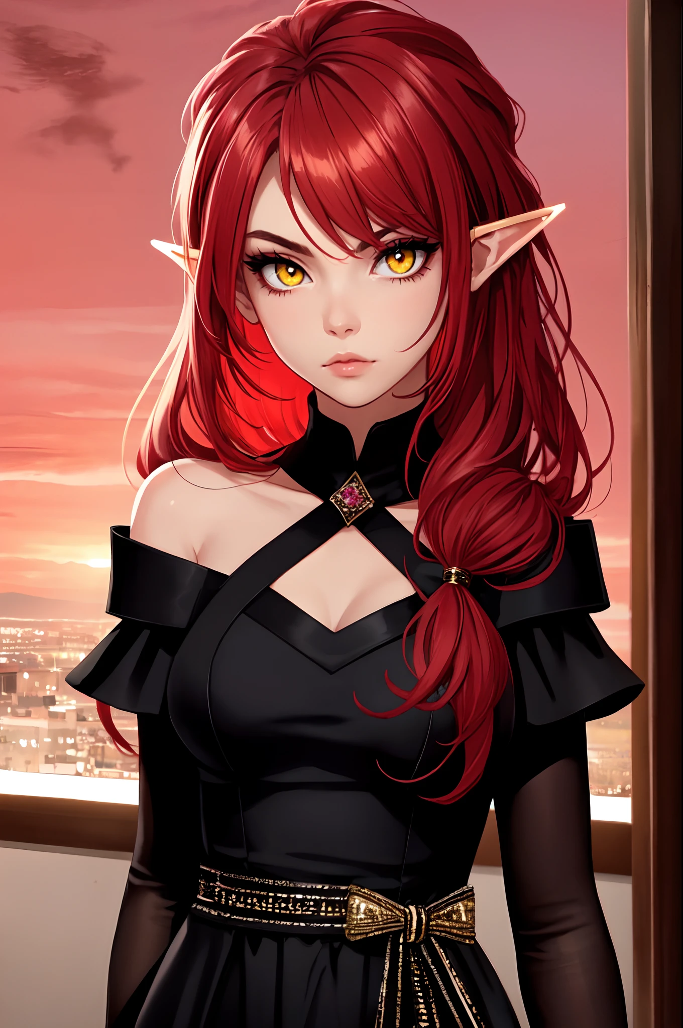 ultra realistic, masterpiece, (((red sky, black moon))), elf girl, solo, ideal body, serious, gloomy face, heterochromia, rich yellow eye, rich red eye, deep eye shaping, shine eyebrows, red mascara, lip gloss, narrow nose, red hair, horsetail hairstyle, glowing hair, sequined hair, black bandage, crystal shoulder pads, red scaly armor, black sleeves, fingerless gloves, yellow long dress, red stockings