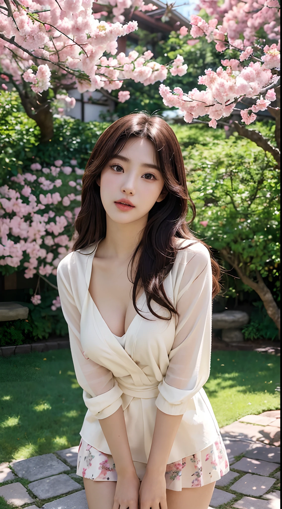 Best quality, 4K,8K,Realistic, Photorealistic, extremely detaile, An extremely delicate and beautiful, RAW photo, Japanese and Korean beauties,South Korean beauties,Wear JK, mini-skirts,Large breasts,(Beautiful detailed eyes,beautiful detailed lips,Extremely detailed eyes and face,long eyelasher), Beautiful hair, joyful expressions, Surrounded by cherry blossom trees, It has a kawaii anime style, In a picturesque garden full of sunshine. The artwork is of the best quality, With ultra-detailed features and realistic, Realistic touch. vibrant with colors,The lighting creates a warm atmosphere, Dreamy atmosphere.
