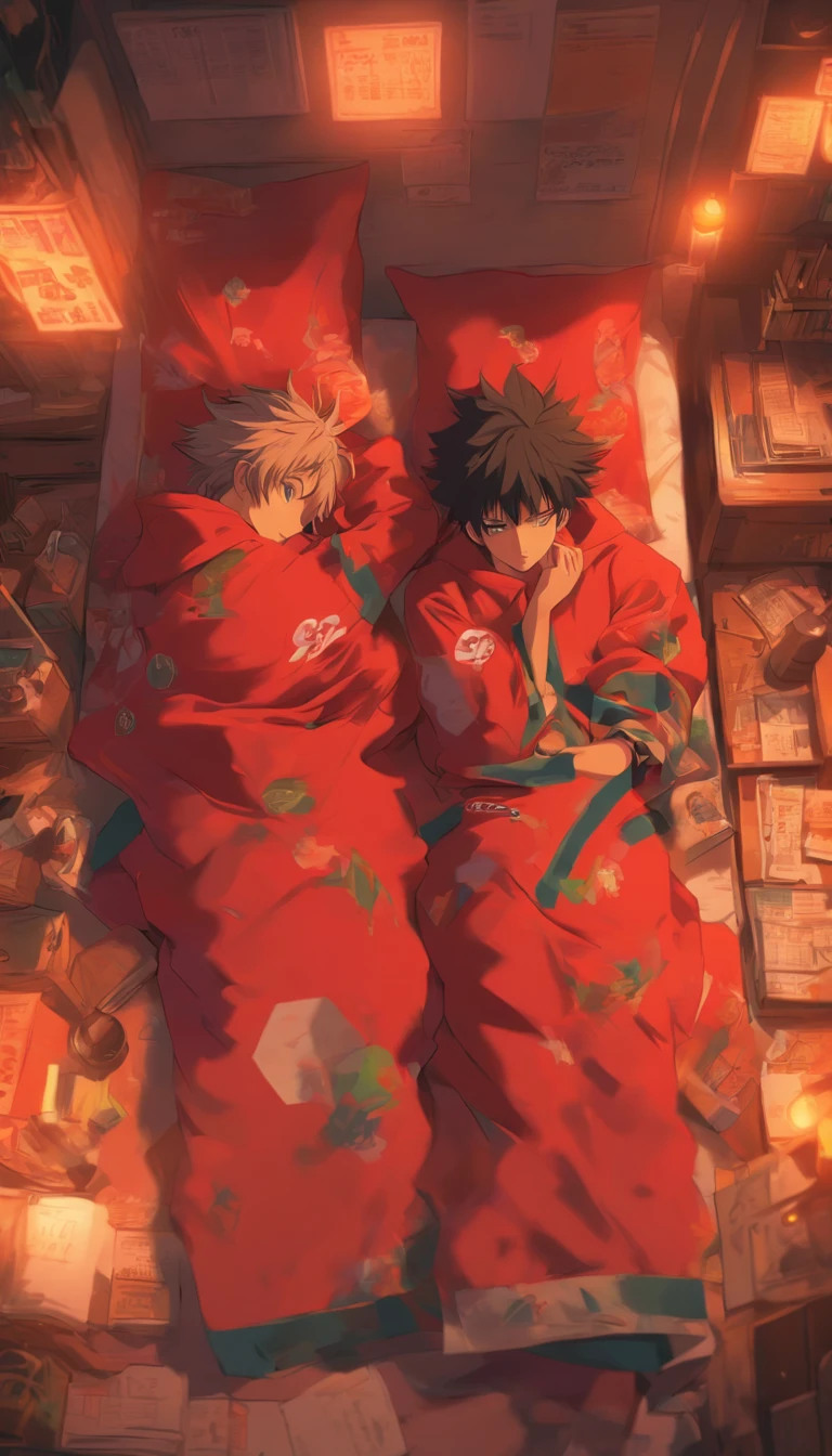 /imagine prompt: Two exhausted actors lying on separate beds in a room, wearing red undercover clothes, with a dimly lit warning sign on the wall, ,32k, best quality, masterpiece, super detail, high details, by Makoto Shinkai ,in the style of the stars art group xing xing, --niji 5"