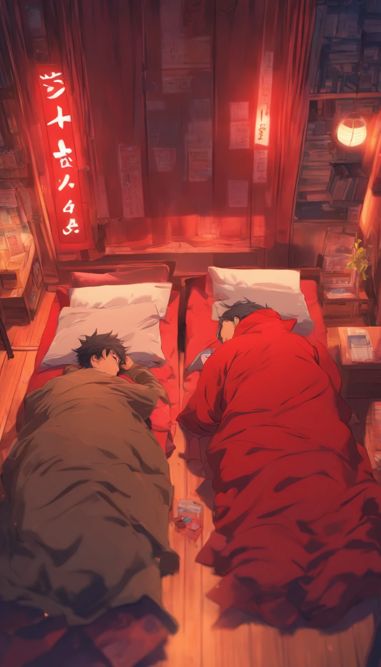 /imagine prompt: Two exhausted actors lying on separate beds in a room, wearing red undercover clothes, with a dimly lit warning sign on the wall, ,32k, best quality, masterpiece, super detail, high details, by Makoto Shinkai ,in the style of the stars art group xing xing, --niji 5"