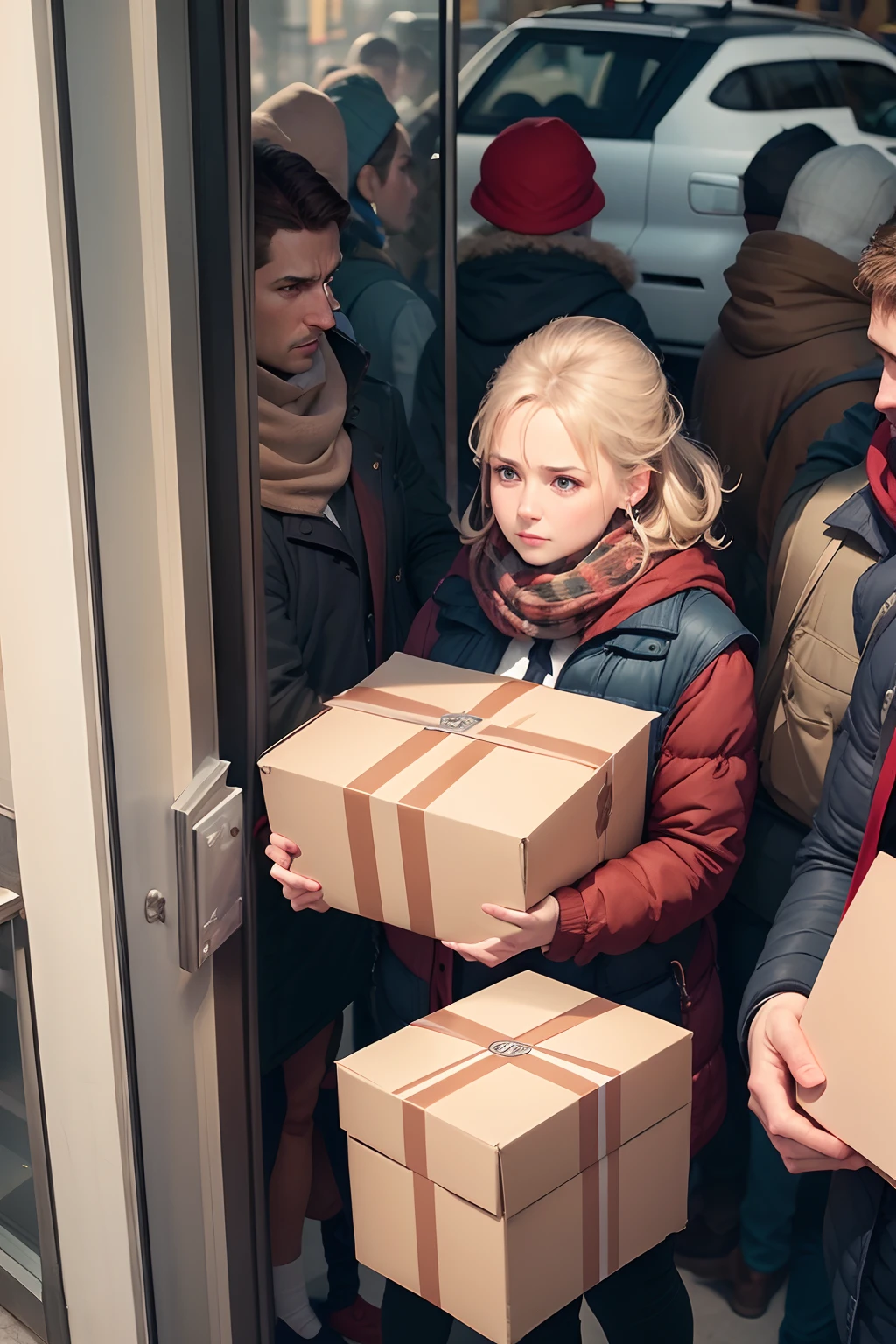 crowd of people with big parcels, realistic, best quality, post office window, people with big packages, post office, Poland, the queue of people