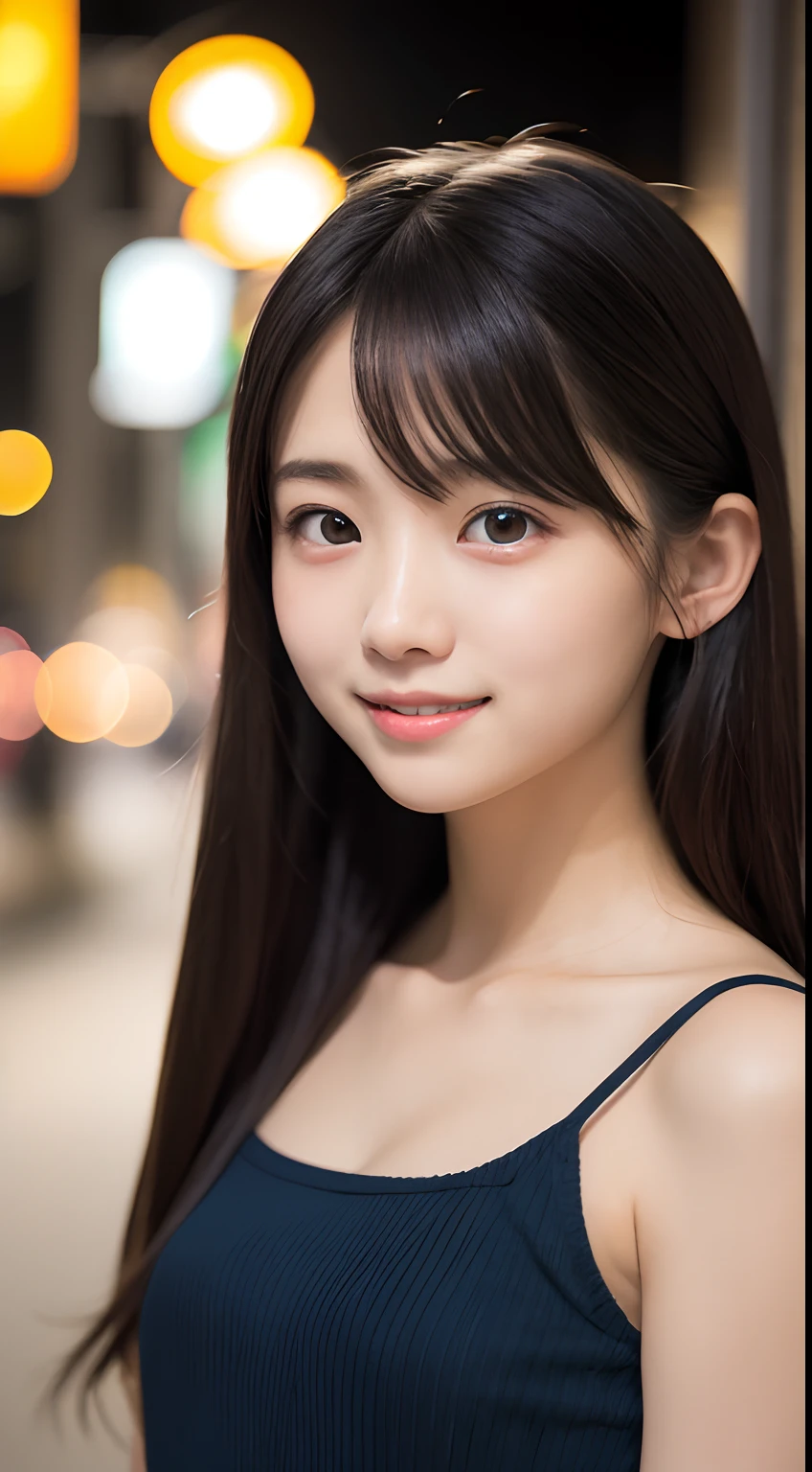 (8K、top-quality、masterpiece:1.2)、(reallistic、Photorealsitic:1.37)、The ultra-detailliert、1人、23years old、Medium chest、Beautie、Beautiful and perfect face、Natural smile、独奏、shopping、Downtown at night、onepiece、(Redness of the nose)、(A smile:1.15)、(With mouth closed) 、beautidful eyes、(long:1.2)、Floating hair 、Middle hair、