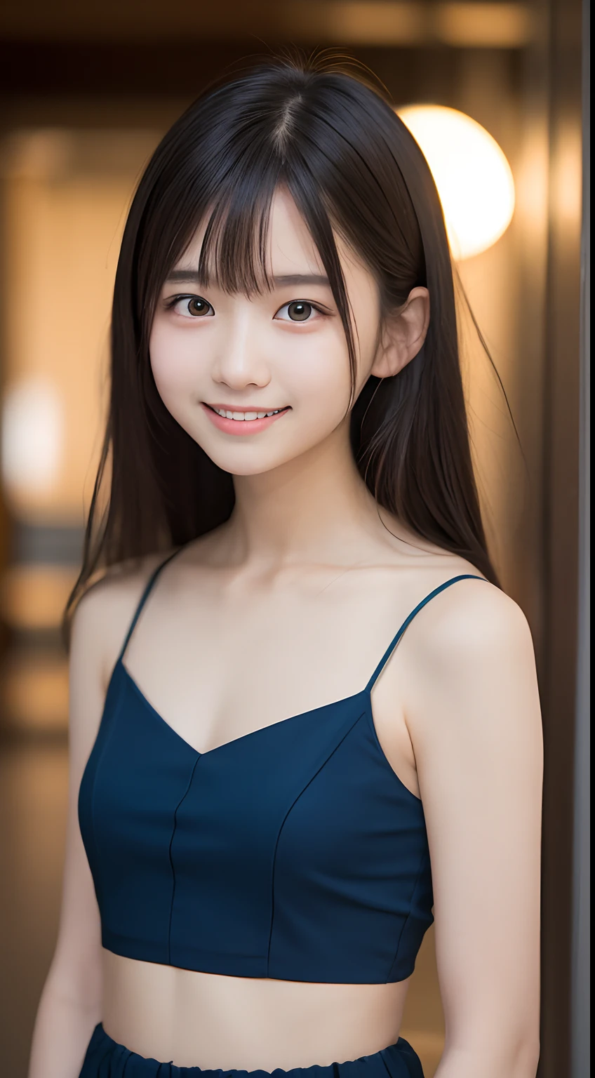 masutepiece, Best Quality, 8K, 15yo student, Teen, Raw photo, absurderes, award winning portrait, Smile, Smile, Solo, Night, neons, Idol face, violaceaess, gardeniass, Delicate girl, Upper body, Digital SLR, Looking at Viewer, Candid, Sophisticated, zora々Right, Thin arms, Professional Lighting, Film grain, chromatic abberation, (Eyes and faces with detailed:1.0), (Bokeh:1.1)