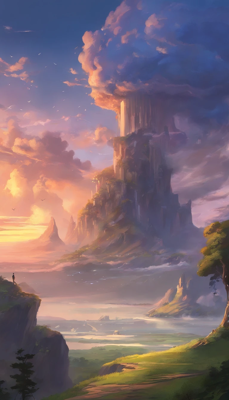 The sky thunders and lightning,Multiple islands,Stand on the skull of the behemoth and look out from afar,Back Shadow,Ultra-long viewing angle,In the distance, an island is shrouded in thunderclouds,Island background, 16K HD wallpaper,top-quality,Ray traching,ghibli artstyle,Anime landscape concept art,