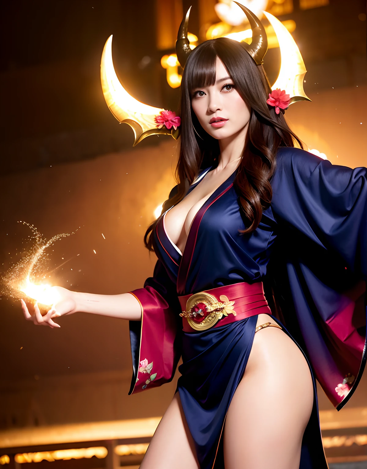 ((World of Darkness)),Professional , masterpiece、top-quality、photos realistic , depth of fields 、(Maiko's hairstyle)、(Maple background in full bloom),(Ultimate Beauty)、Red-haired、(Fight ninjas)、(Kimono with beautiful pattern)、(Night background)、((a dark night)),(Wear a beautiful kimono),(Wear a beautiful kimono with colorful floral patterns)、Jewel Gold Weapon、Particles of light),(Castle background)、Gorgeous gold weapons ,(( Gorgeous weapon Dragon Sword)) , (a dark night),,(maikurobikini) 、((Black Haired Beautiful Girl))、(Castle background)、(demonic wings)、((Gangle's forest background))、Beautiful Caucasian beauty、1a person、dynamic ungle,(((Two devil's horns on the head)))、Smaller head、Idle Smile、Thin and beautiful female hands、Mystical expression、Light Effects、intense fighting、Wind-effect、magic circles、With the legendary magic wand、Dragon's tail、Anatomically correct body、Anatomically correct fingers、