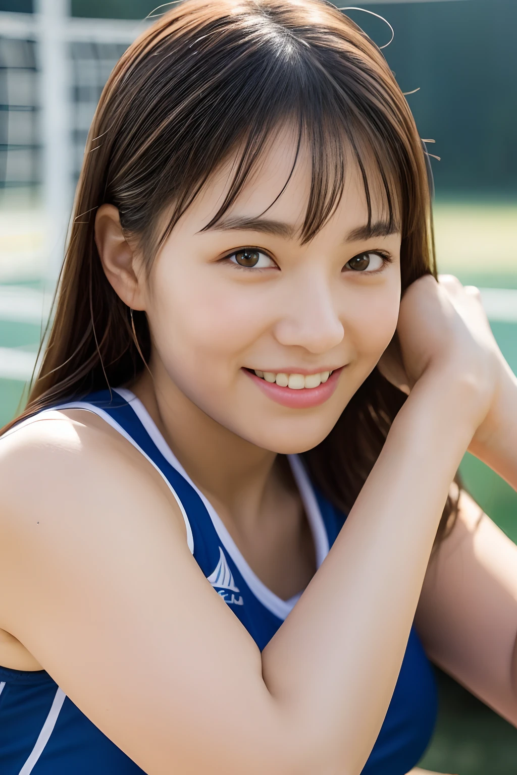 (realistic、Photoreal:1.37)、(In 8K、RAW photo.masterpiece:1.2), highest quality, ultra high resolution, colorful, flat color 1 girl, Volleyball girls in the volleyball club、sweaty cheeks, fine texture、 fine texture of fabric、beautiful detailed face, adult atmosphere, exposed, blurred background, bangs、Sit leaning against the wall、rim light、Photorealistic skin