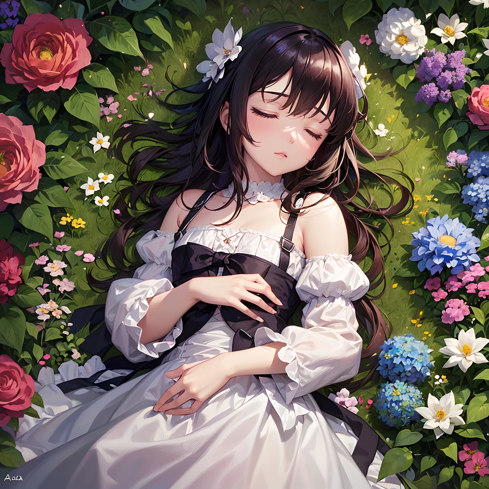 ((Finest quality)),(超A high resolution),(ultra-detailliert),(Meticulous portrayal),((Best Anime)),(Finest works of art),sharpnes,Clair, (( girl in dress sleeping in flower garden))