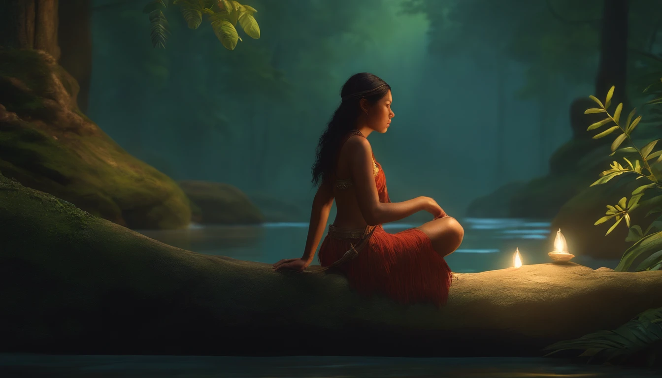 An 18-year-old indigenous girl sitting on a rock in the Amazon River, anime exuberante john 8k madeiras, Atey Ghailan 8 K, Harp playing in the magical forest, em estilo de atey ghailan, inspirado em Atey Ghailan, pleasant environment, forest setting, autor:Fujita Goro, cinematic forest lighting, 4K分辨率
