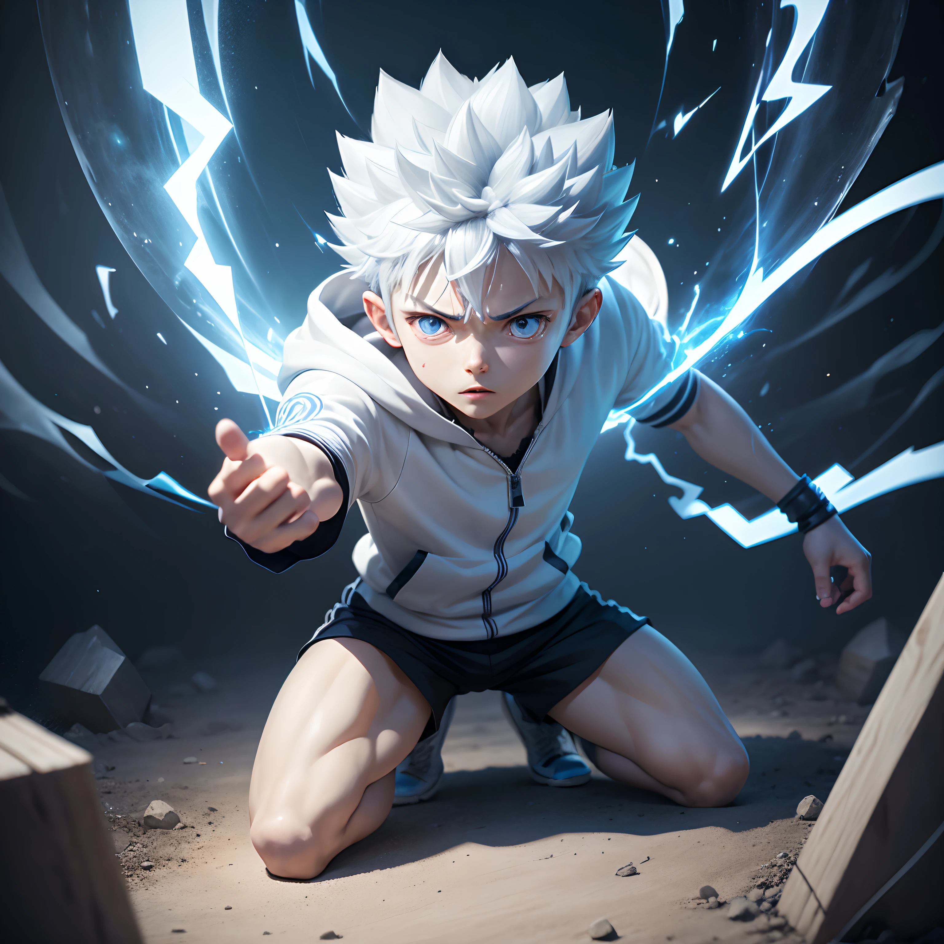 (full body)(masterpiece)(hyper realistic)"Step into the world of Killua Zoldyck with this visually descriptive and detailed image, showcasing his electrifying presence in full body. With a range of styles and variations, this 3D rendering will bring your favorite anime character to life like never before."