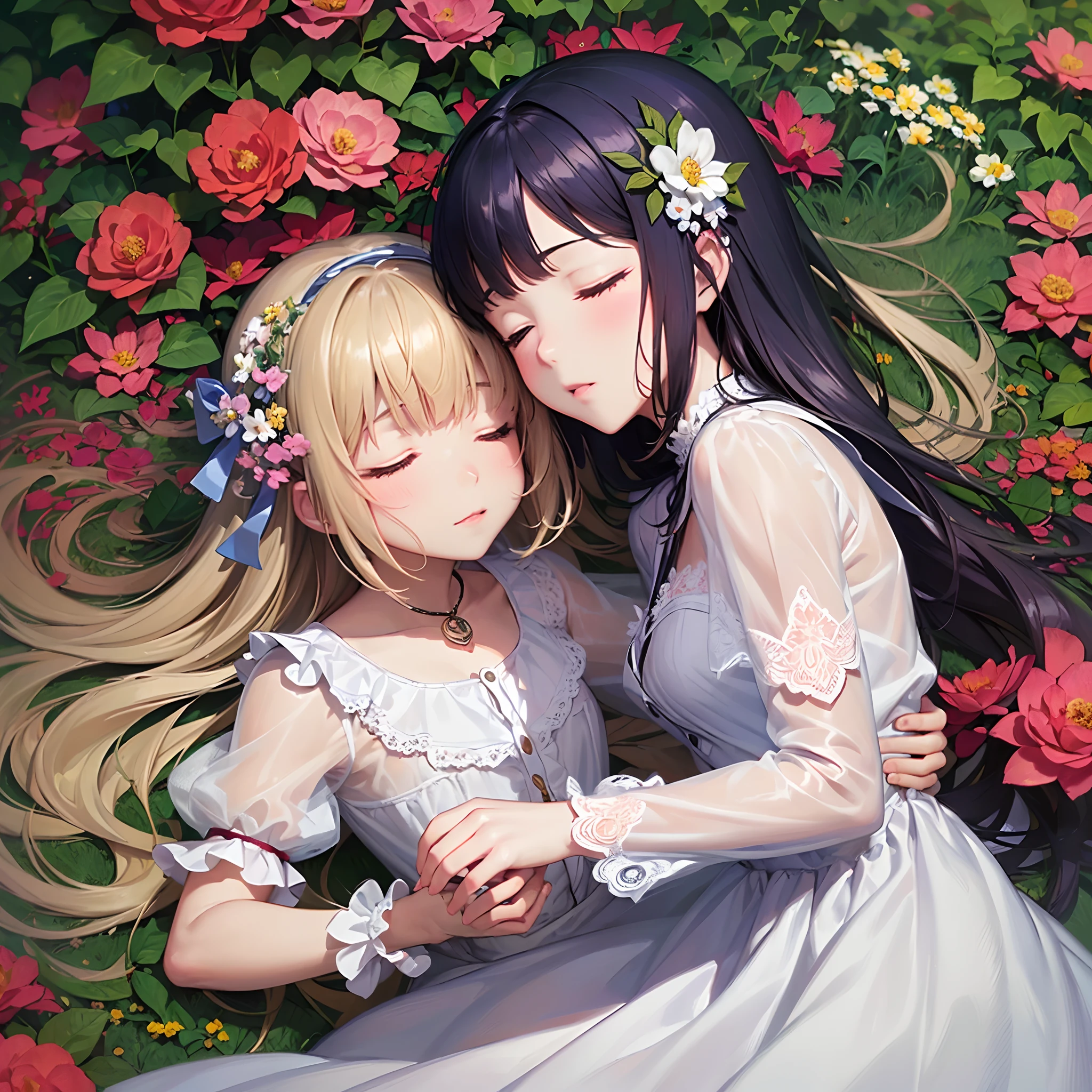 ((Finest quality)),(超A high resolution),(ultra-detailliert),(Meticulous portrayal),((Best Anime)),(Finest works of art),sharpnes,Clair, (( girl in dress sleeping in flower garden)),(((Peaceful sleeping face)))