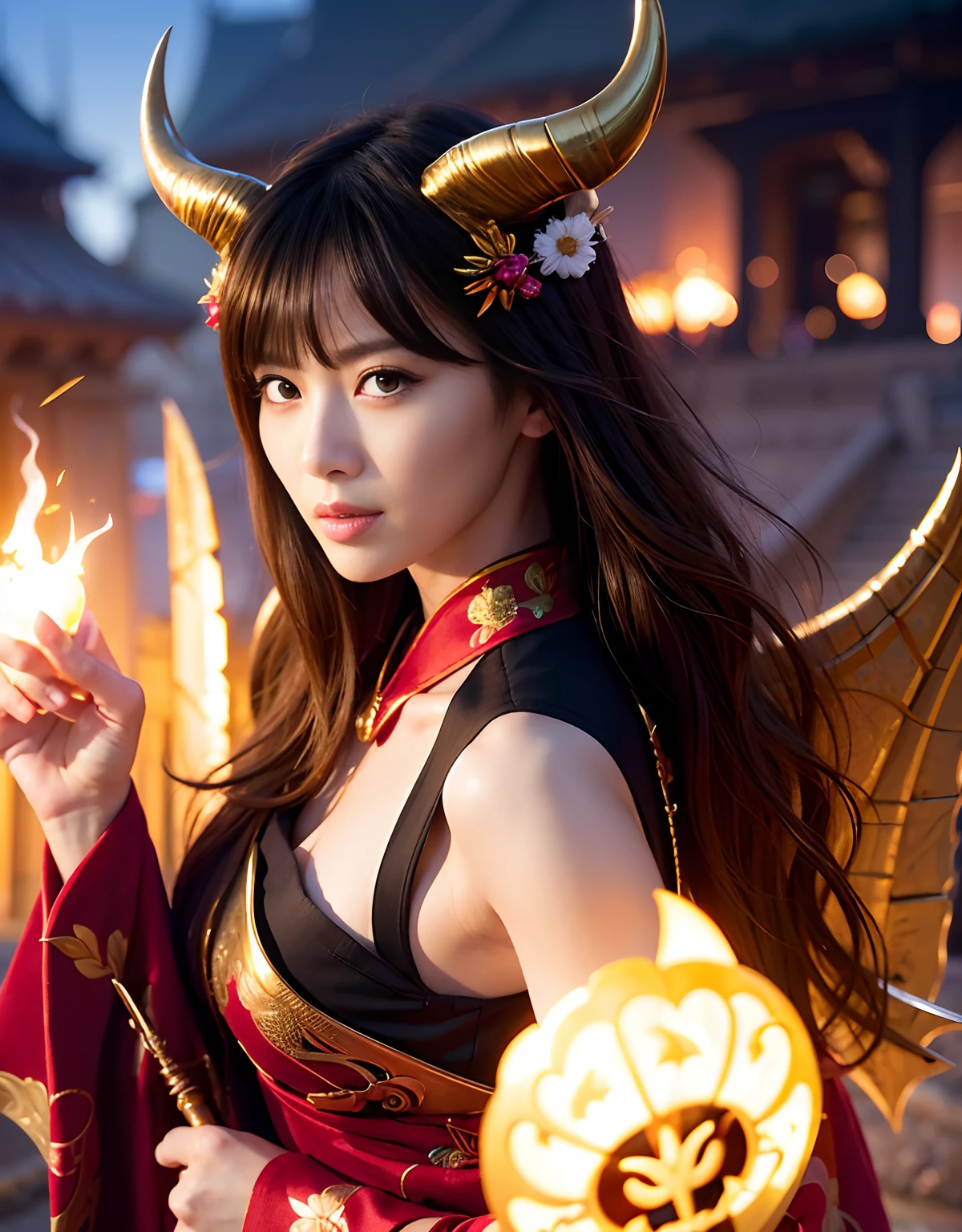 (((masutepiece,))),Professional , masterpiece、top-quality、photos realistic , depth of fields 、Raw photo、女の子1a person、glowy skin、(sexypose)、(Black maple on the background of full bloom),(Ultimate Beauty)、A dark-haired、Mystical expression、Light Effects、intense fighting、Wind-effect、ultrasharp、(shrine background)、(Kimono with beautiful pattern)、(Midnight background)、Beautiful hair ornament on the head、,(intense fighting),((Precipitous cliffs)),(Wear a beautiful kimono),(Wear a colorful and beautiful kimono)、cleavage of the breast、(Japan Castle Background)、Jewel Gold Weapon、Particles of light),(intense fighting)、Gorgeous jewelry hair ornaments on the head ,Castle background、(( Gorgeous Dragon Sword)) , (a dark night),,(maikurobikini) 、((Black Haired Beautiful Girl))、(Castle background)、(demonic wings)、((Gangle's forest background))、Beautiful Caucasian beauty、1a person、dynamic ungle,(((Two devil's horns on the head)))、Smaller head、Idle Smile、Thin and beautiful female hands、Mystical expression、Light Effects、intense fighting、Wind-effect、magic circles、With the legendary magic wand、Dragon's tail、Anatomically correct fingers、Full Body Angle、Anatomically correct number of fingers、