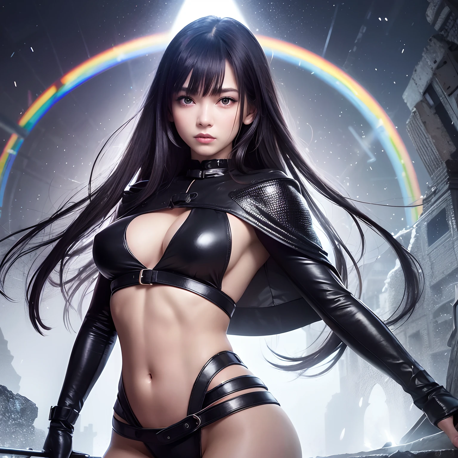 finest image, portrait, detailed and delicate depiction, a female warrior wearing a long black leather coat, sexy, beautiful, cute, abs, slender, amorous expression, lewd expression, ecstasy, orgasm, light silver glossy braided bangs short hair, light blue sparkling big eyes, double eyelids, background Northern Renaissance style, galaxy, midnight city, ruins, piles of rubble, puddles, rainbow and gold neon light many lines, iridescent, magic circle, fantasy, professional lighting