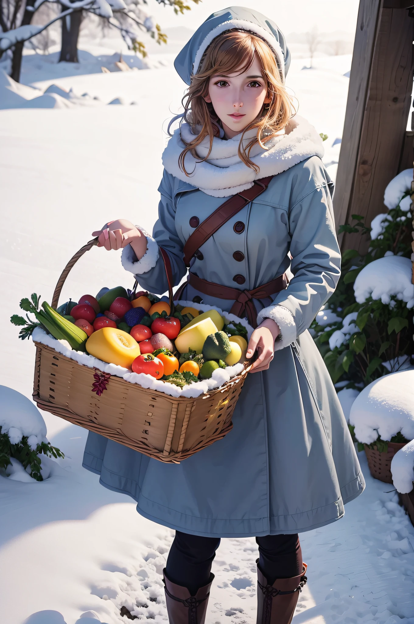 Amidst a snowy landscape, BarbaraEvenot, wearing a winter outfit of [Google Color 1], holds a basket filled with fresh produce. The colors of the vegetables and fruits pop vibrantly against the white backdrop. A [Google Glow Effect 3] adds a dreamy quality to the scene.