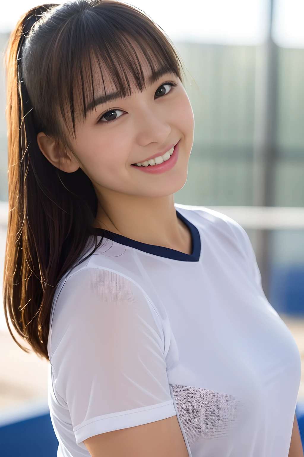 neat high school girl、outside the athletics field、(turned into slime)、Photoreal、detailed, skin texture, 超detailedな、delicate and sexy clavicle、laughter、超detailedな顔、唇のdetailed、detailed eye、small breasts、smaller chest、mall、flat chest、chest enhancement face、((standing、White pants are visible from the skirt、Slightly lift the hem of the skirt with both hands.,,,))、((Naked wearing only one white apron、naked sexy white apron))