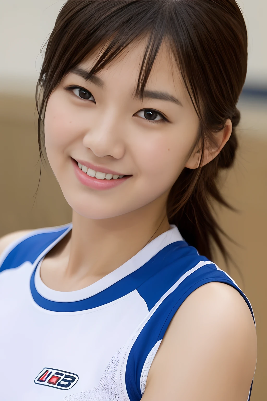 Masterpiece, top quality, ultra high definition, 1 girl, watching viewer, girl in volleyball club, sweaty cheeks, detailed skin touch, detailed fabric texture, beautiful detailed face, adult atmosphere, exposure, upper body up, blurred background, bangs, big: 1.4, smile