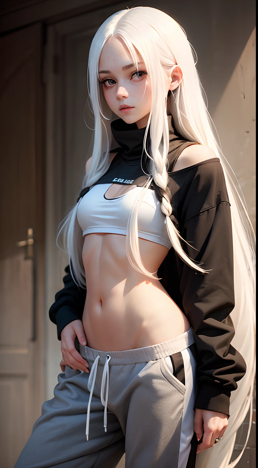 photorealistic, high resolution, 1 girl, white hair, korean, blue eyes, white shirt, skimpy tight black shorts, thick thighs