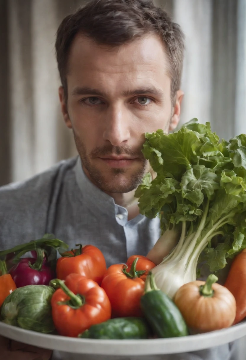 a man with vegetables, surreal painting