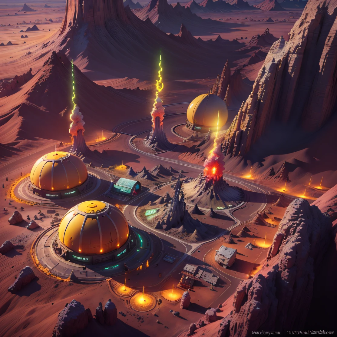 Alien base (Very detailed) In the mountainous desert，There are several exhaust air fans and yellow chimneys, Some neon spotlights come out of the base to illuminate dark places, (Extreme nights), Some clouds in the night sky, Some of the surrounding planets provide air to unknown planets，The farthest giant volcano is erupting