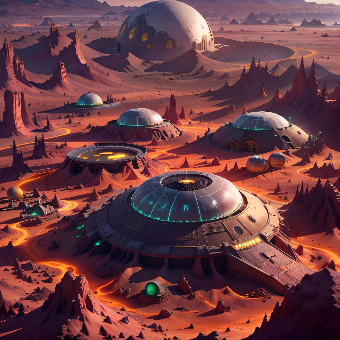 Alien base (Very detailed) In the mountainous desert，There are several exhaust air fans and yellow chimneys, Some neon spotlights come out of the base to illuminate dark places, (Extreme nights), Some clouds in the night sky, Some of the surrounding planets provide air to unknown planets，The farthest giant volcano is erupting
