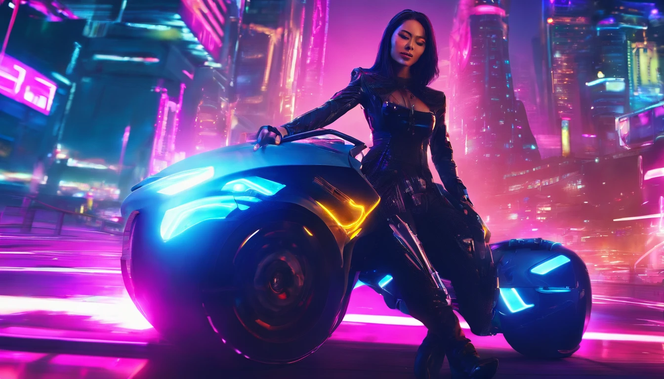 Beautiful woman smiles as she rides a futuristic vehicle in a futuristic world and enjoys the night view。The bright lights of the building illuminate the beauty。The face is very realistic.。