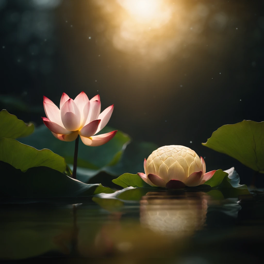 themoon, Moon cake, Mid-Autumn Festival, lotus flower, Lotus leaf, zen feeling, partially underwater shot, polar opposites, high detail, Romanticism, god rays, ray tracing, UHD, retina, masterpiece, ccurate, anatomically correct, super detail, high details, high quality, award winning, best quality, highres, 16k, textured skin