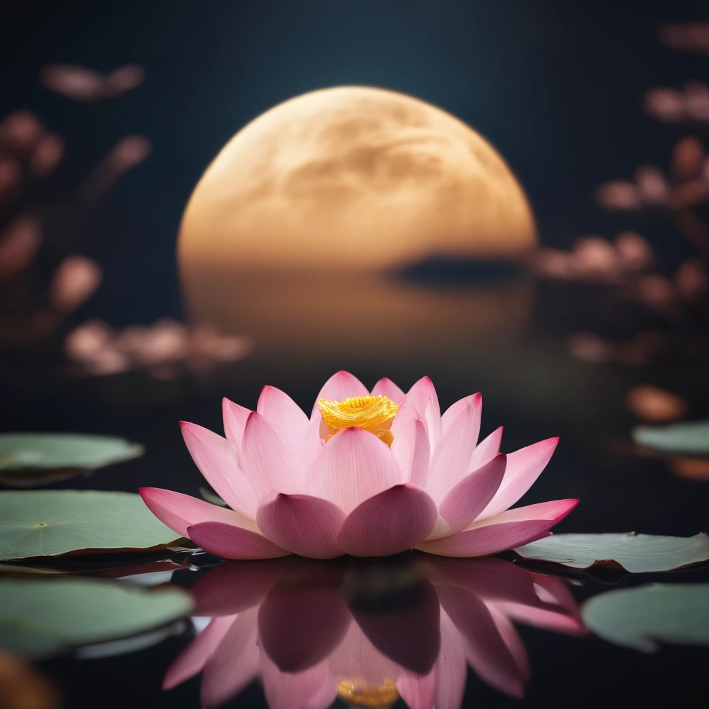 themoon, Moon cake, Mid-Autumn Festival, lotus flower, Lotus leaf, zen feeling, partially underwater shot, polar opposites, high detail, Romanticism, god rays, ray tracing, UHD, retina, masterpiece, ccurate, anatomically correct, super detail, high details, high quality, award winning, best quality, highres, 16k, textured skin