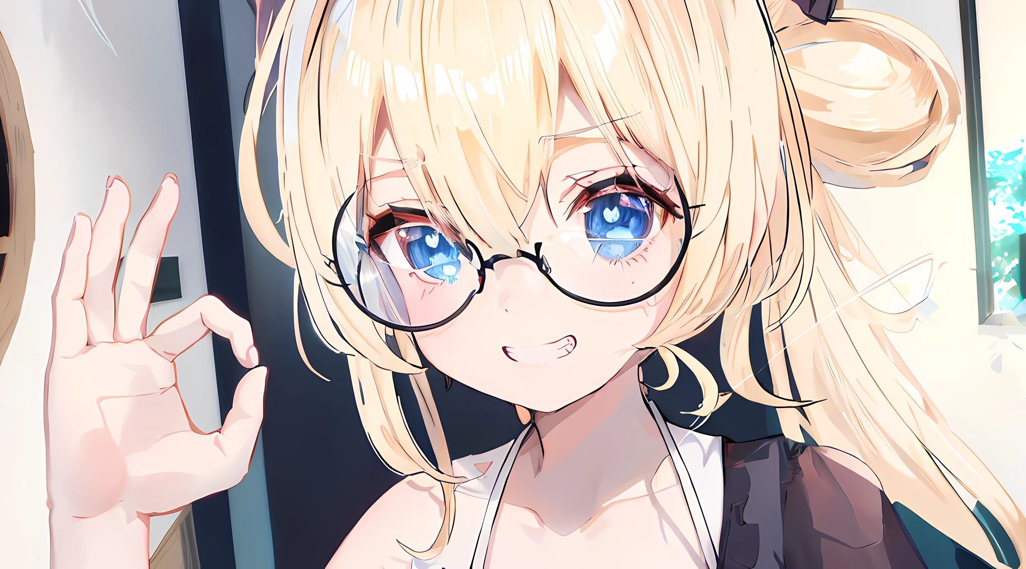 blonde anime girl with glasses and a black top in a room, blue eyes, have cute dog ears, show one shoulder, render of a cute 3d anime girl, anime styled 3d, hanayamata, small curvy loli, realistic anime 3 d style, 3d anime girl, anime moe artstyle, vrchat, loli, anime style. 8k, stylized anime, render of april, shikamimi, fix glasses, fix hairline, grin smile,