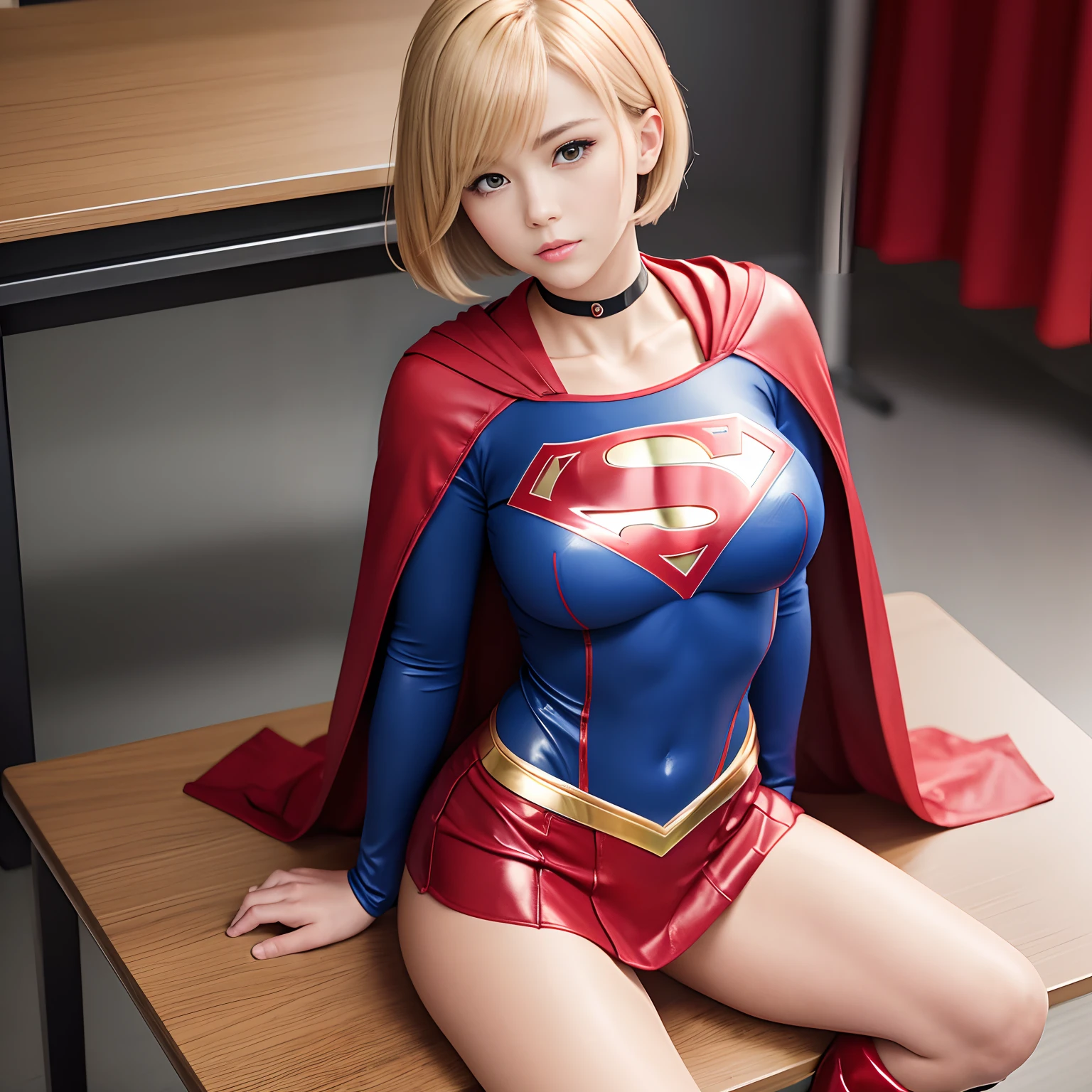 ​masterpiece,Supergirl Costume, short-hair, bare-legged, large full breasts,surgery room、Operating table、straddle、depraved、shiny、Looking at the camera、