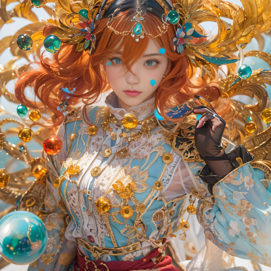 cyan colors,blue colors,enamel,agates,A flesh-colored world,Blood Girl 32K(tmasterpiece,k hd,Aoyama Pond,hyper HD,32K)Long flowing bright orange hair,blood pond,zydink, a color,Grumpy (Post-halo), (Linen scarf), Combat posture, looking at the ground, long whitr hair, Floating bright orange, Fire cloud pattern gold tiara, Chinese long-sleeved gold silk burgundy garment, (Abstract metaverse splash:1.2), white backgrounid,Lotus vitality protector(realisticlying:1.4),Bright purple hair,Smoke on the road,The background is pure, A high resolution, the detail, RAW photogr, Sharp Re, Nikon D850 Film Stock Photo by Jefferies Lee 4 Kodak Portra 400 Camera F1.6 shots, Rich colors, ultra-realistic vivid textures, Dramatic lighting, Unreal Engine Art Station Trend, cinestir 800,A girl with long flowing bright orange hair,Huge multicolored bubbles