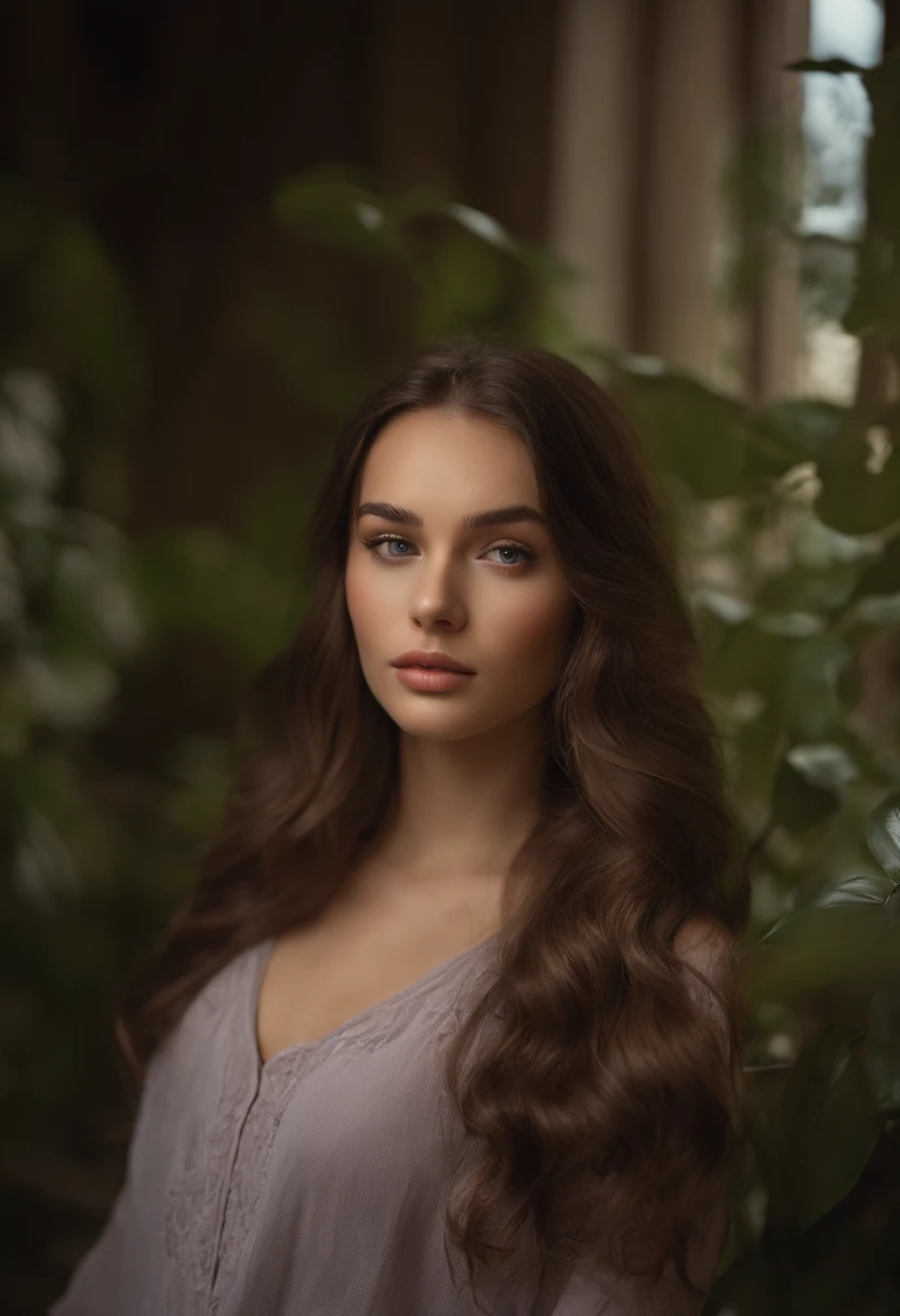 Arafed woman completely , fille aux yeux bruns, ultra realist, Meticulously detailed, Portrait Sophie Mudd, cheveux bruns, selfie of a young woman, Yeux de chambre, Violet Myers, sans maquillage, maquillage naturel, looking straight at camera, Visage avec Artgram, Maquillage subtil, Superbe photo, dans la chambre, Medium to large bust, in a photo shoot at a ruin