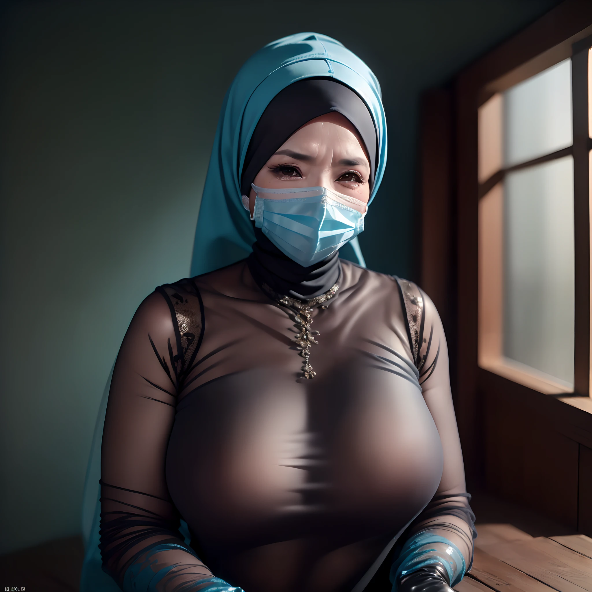 ((masterpiece, Best Quality, High resolution, 32K HDR)), (((1female, Solo))), (Ultra realistic portrait of mature Malaysian woman:1.3, Mature Muslim Woman:1.2, Chubby Malaysian Woman:1.5, She is a 50-year-old Malaysian:1.35, hijab:1.3, Housekeeper, Tanned skin:1.2, sheer shirt:1.75 , transparent shirt:1.7, see through shirt:1.7, nipples1:3, Bare legged:1.2, rubber glove:1.2, mask:1.3), (Shabby abandoned house:1.25, ultra gigantic tits:1.5, Dark atmosphere:1.15),