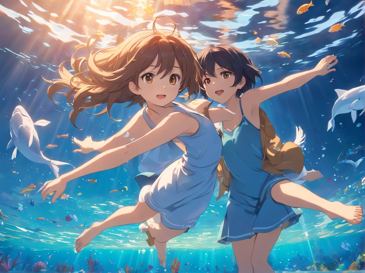 A boy in a suit and a girl in a dress swim at the bottom of the sea,White sandals for girls,Delicate leather shoes for boys,dream magical,The fish,Jellyfish and whales, highly detailed water colour 8 k,Estilo de Makoto Shinkai( reasonable design, 清晰的线条, High- sharpness,Best quality, Very detailed, Master parts, movie light effect, 4K ),