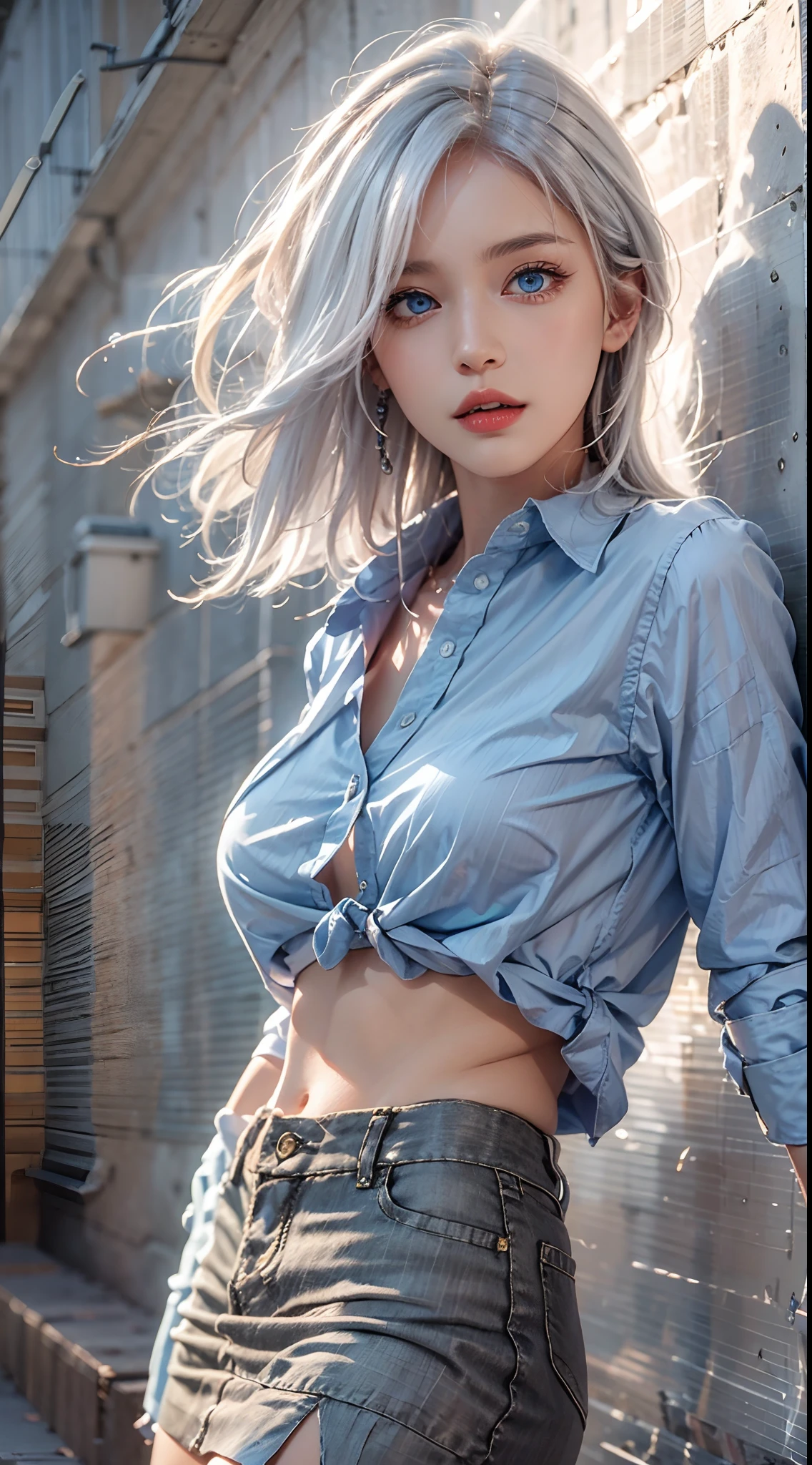 photorealistic, masterpiece, photorealistic, high resolution, soft light, mature female, silver hair, hips up, blue eyes, shirt, mini skirt