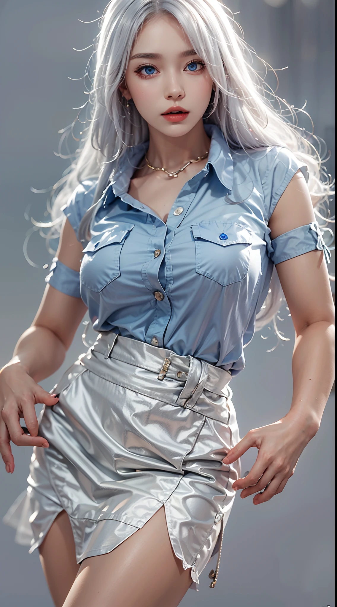 photorealistic, masterpiece, photorealistic, high resolution, soft light, mature female, silver hair, hips up, blue eyes, shirt, mini skirt