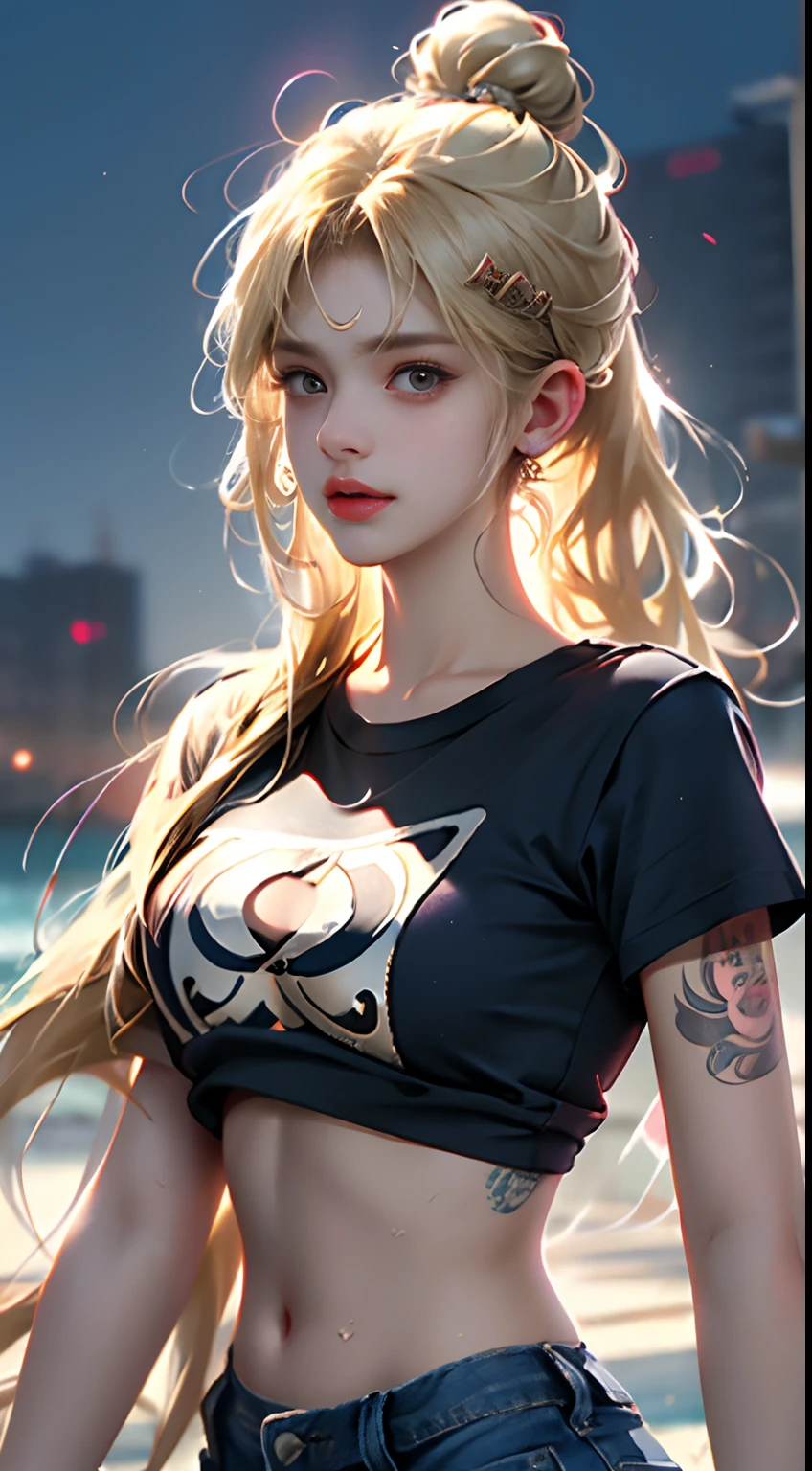 (1girl),large breasts, breasts, tan, dewy skin, sweaty skin, wavy blonde hair, punk tshirt, punk girl