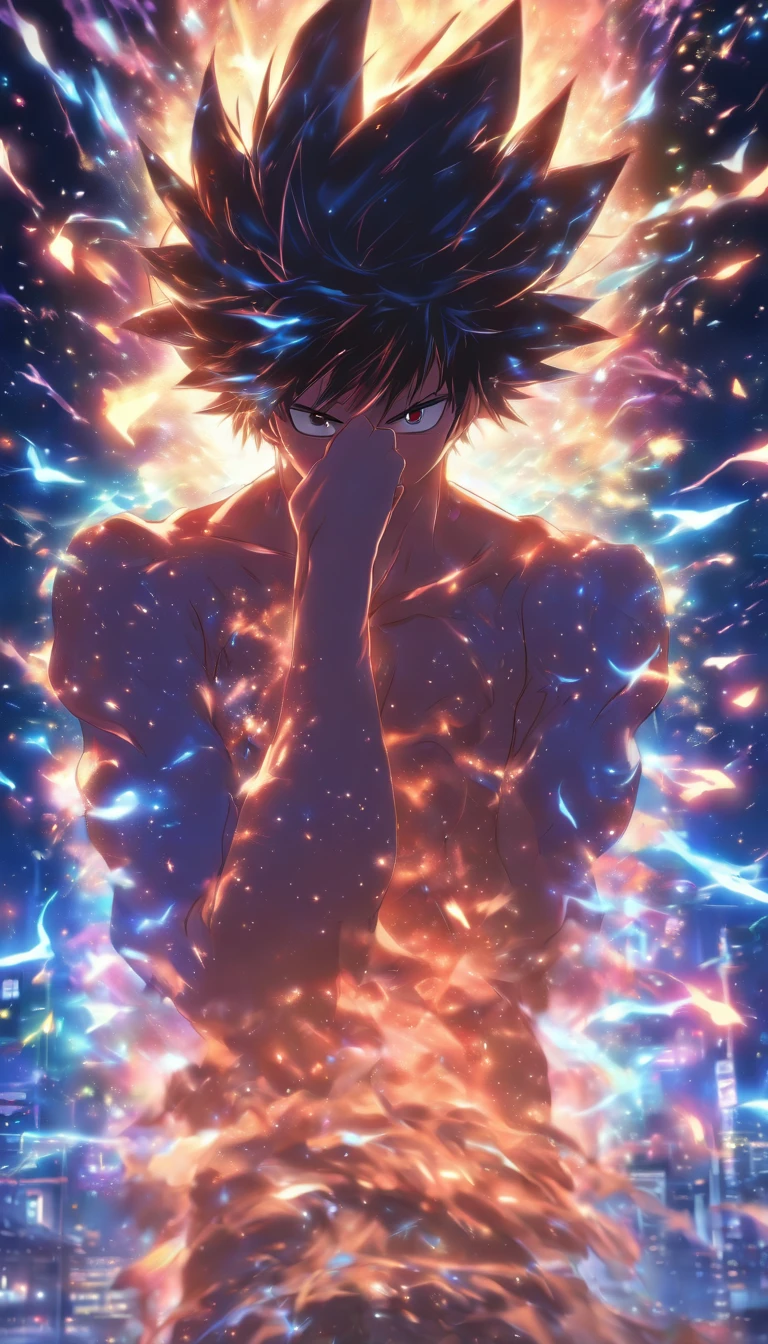 /imagine prompt: A young man wiping sweat, facing a massive black algorithm model with a mysterious glow and immense power, ,32k, best quality, masterpiece, super detail, high details, by Makoto Shinkai ,in the style of the stars art group xing xing, --niji 5"