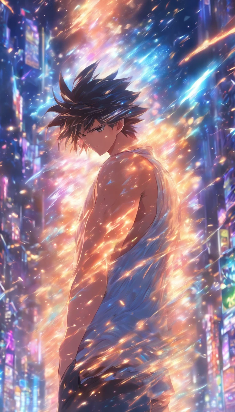 /imagine prompt: A young man wiping sweat, facing a massive black algorithm model with a mysterious glow and immense power, ,32k, best quality, masterpiece, super detail, high details, by Makoto Shinkai ,in the style of the stars art group xing xing, --niji 5"