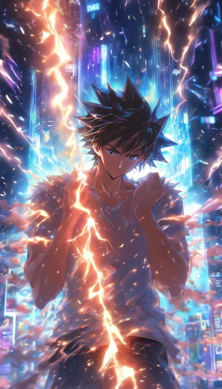 /imagine prompt: A young man wiping sweat, facing a massive black algorithm model with a mysterious glow and immense power, ,32k, best quality, masterpiece, super detail, high details, by Makoto Shinkai ,in the style of the stars art group xing xing, --niji 5"