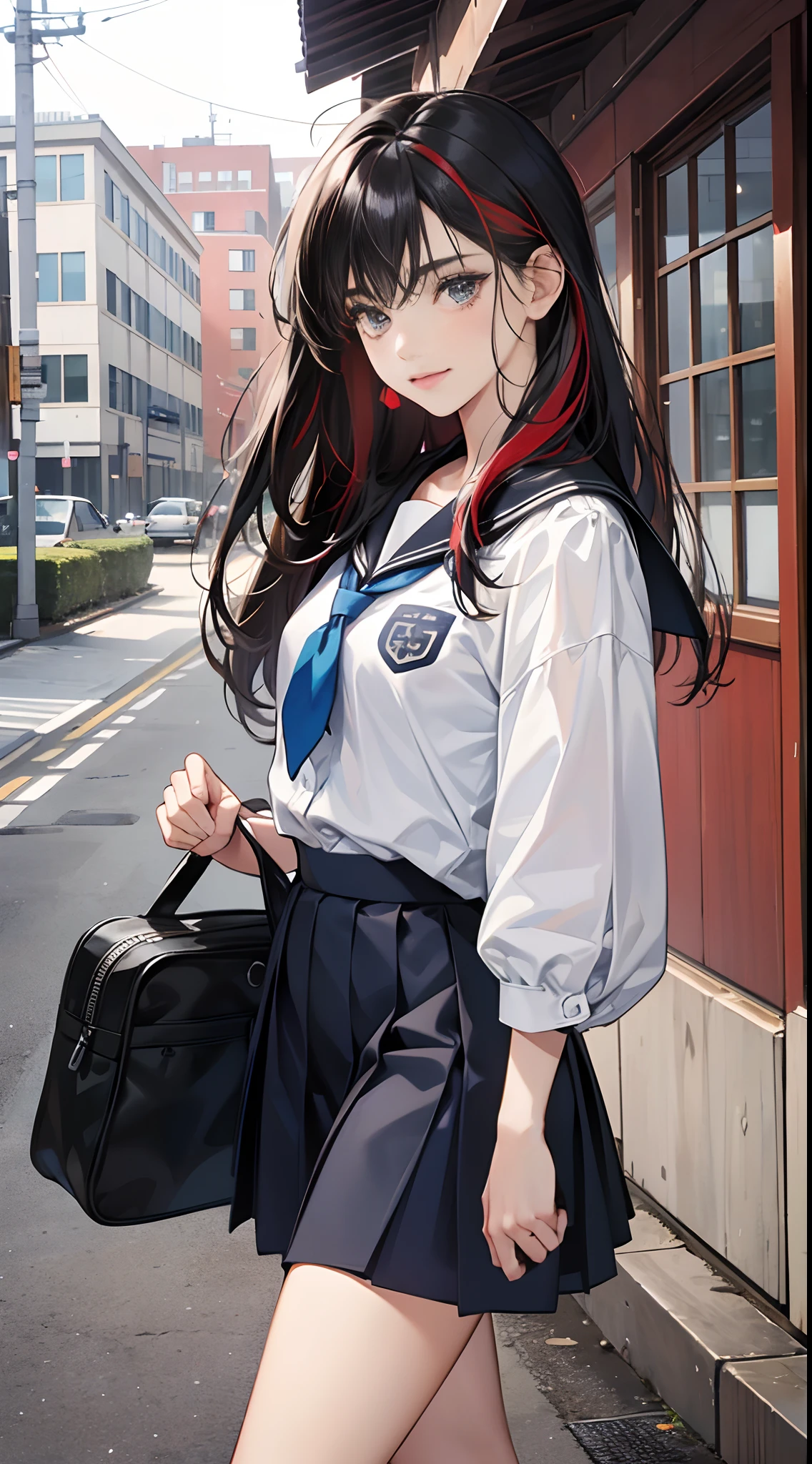(Best Quality,4K,High resolution), 18yo woman, Red highlights on black hair, Long hair, Straight hair, Cool Woman, Cold eyes,smil , Intricately drawn, Realistic portrayal,outside of house,On the way home from school,female high-school student,School Uniforms,Navy blue skirt,summer clothing, shortsleeves,School Bag,With weird keychain,turned around ,