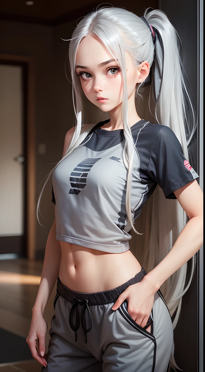 Girl with long gray hair slim, cuteface, little chest, in sweatpants in a sports top