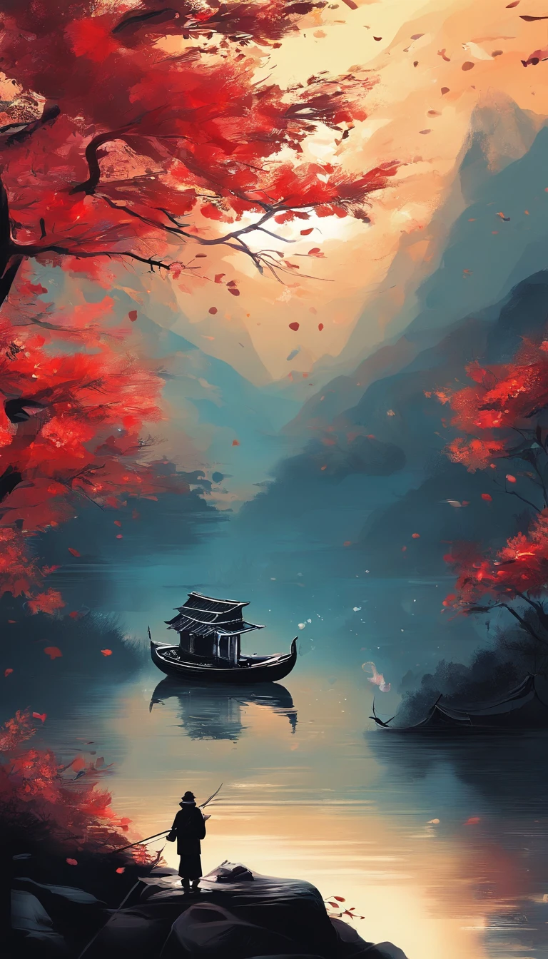 A thousand birds fly,Ten thousand paths disappeared。Lonely boats,Fishing alone in the cold river snow。 (【Translation】 You don't see a single bird in the mountains,The tracks of thousands of people were cut off。On the lonely boat is an old man in a cloak,Fishing alone against the wind and snow),(A small boat on the water),(An old man sits in a small boat fishing),Inspired by the creators:《Jiang Xue》Yanagi Zongyuan,Ray,(light and shadow effect),(vivd colour),(Color splattering),(Obvious layers),(Ink painting style:1.2),(Photography Award),(8k wallpaper),(Masterpiece),(best qualtiy),(Heavy snowfall),(snow landscape),Winter tones,There was a wind blowing,(Side lighting ),(cinema4d),(Movie lighting),(Depth of field effect),(Unreal 5),(tmasterpiece),(8K分辨率),photorealestic,realisticlying