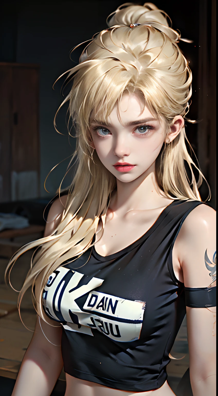(1girl),large breasts, breasts, tan, dewy skin, sweaty skin, wavy blonde hair, punk tshirt, punk girl