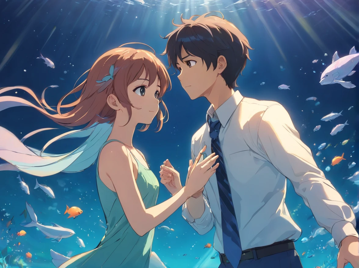 A boy in a suit and a girl in a dress swim at the bottom of the sea,dream magical,The fish,Jellyfish and whales, highly detailed water colour 8 k,Estilo de Makoto Shinkai( reasonable design, 清晰的线条, High- sharpness,Best quality, Very detailed, Master parts, movie light effect, 4K ),