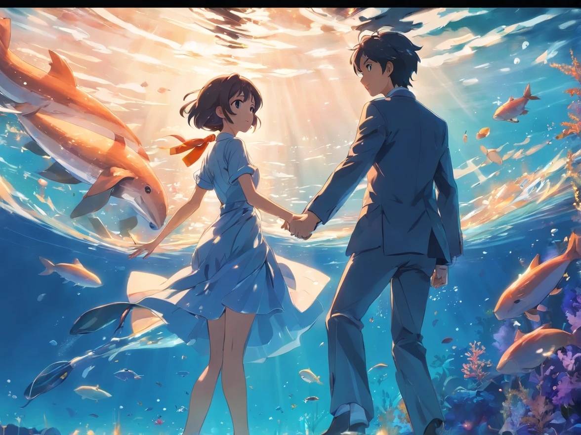 A boy in a suit and a girl in a dress swim at the bottom of the sea,dream magical,The fish,Jellyfish and whales, highly detailed water colour 8 k,Estilo de Makoto Shinkai( reasonable design, 清晰的线条, High- sharpness,Best quality, Very detailed, Master parts, movie light effect, 4K ),