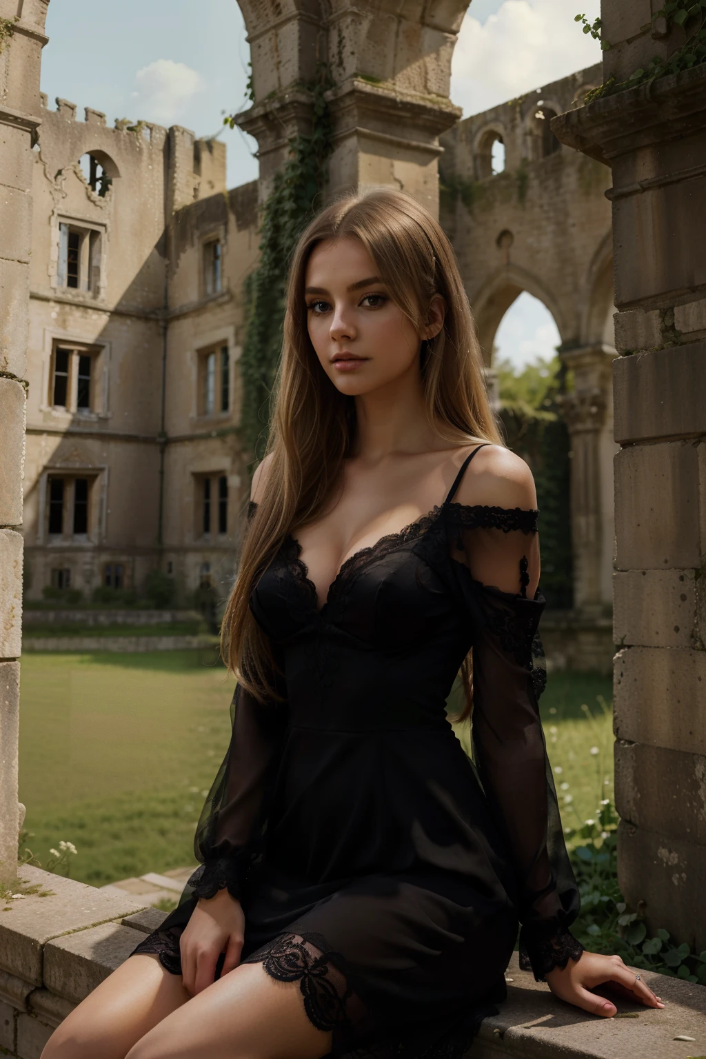 full body, long_hair, blonde head, gorgeous, city girl, cleavage, small breasts, black lace dress, hot girl, over the shoulder look, sitting in French castle ruins, desolated, abandoned. ivy (masterpiece), best quality, high resolution, extremely detailed, blurred background, depth of field, cinematic lighting,