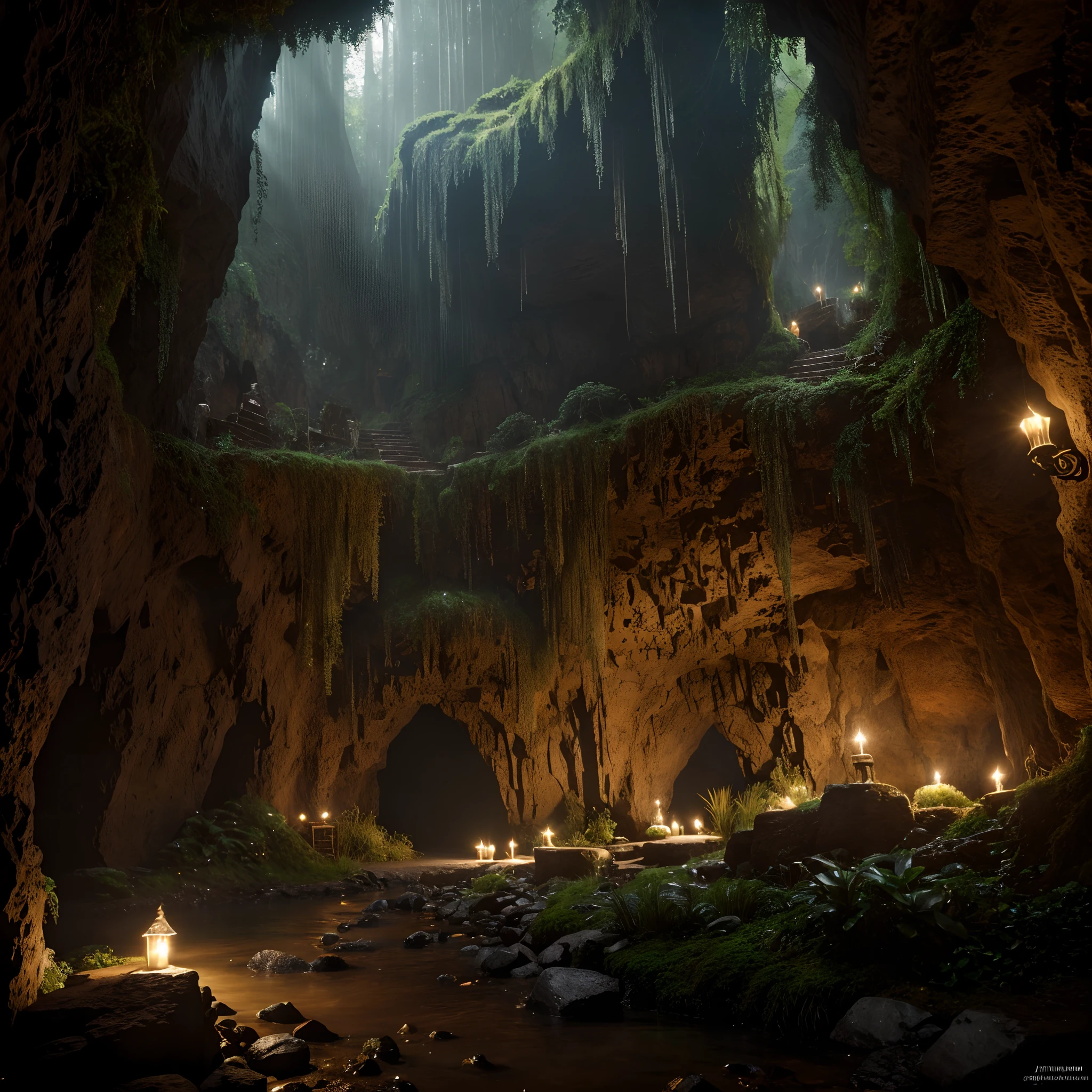A gnome guarding a treasure chest in a cave, (dark, dimly lit), (mysterious, mystical, magical) atmosphere, (crystal clear, shimmering) gold, (intricate, detailed) carvings on the chest, (sparkling, radiant) gems embedded in the surrounding cave walls, (gentle, flickering) candlelight, (moss-covered, damp) walls, (dripping, echoing) sounds of water, (narrow, winding) paths leading deeper into the cave, (distant, faint) echoes of footsteps, a feeling of (intense anticipation, secrecy), (uncertain shadows, shadows dancing) creating a sense of suspense, (whispering, enchanting) whispers reverberating in the air, (mysterious, unseen) creatures lurking in the shadows, (lush, vibrant) greenery growing near the entrance of the cave, (ancient, worn-out) markings and symbols on the cave walls, (hidden, concealed) entrance. (best quality, highres, detailed:1.2), (dark fantasy, magical realism) aesthetic, (earthy, warm) color tones, play of (light and shadow, chiaroscuro), (subtle, dramatic) lighting effects, (captivating, immersive) atmosphere.