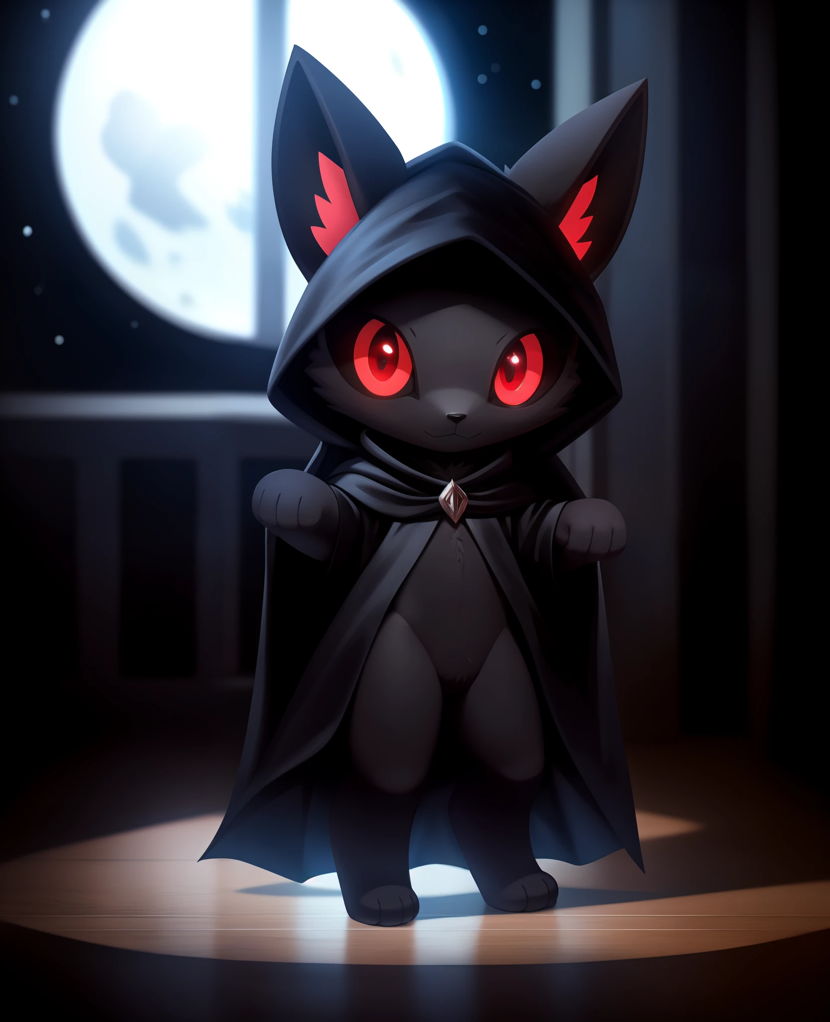 best quality, ultra high res,1furry boy， solo，detailed eyes, volumetric lighting, amazing, finely detail, , black cloak , red eyes, black sclera, bright pupils, full body, night, indoor, chibi