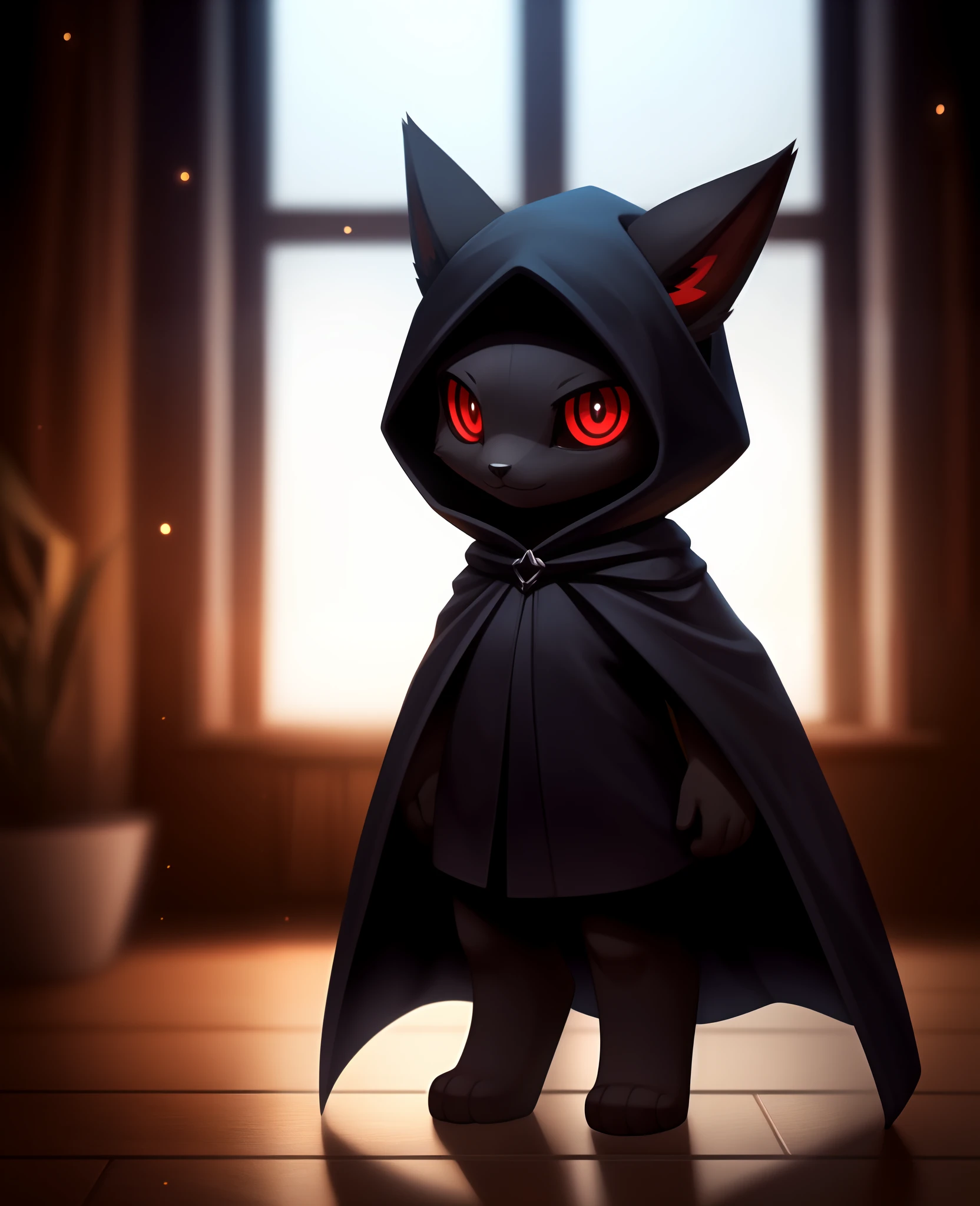 best quality, ultra high res,1furry boy， solo，detailed eyes, volumetric lighting, amazing, finely detail, , black cloak , red eyes, black sclera, bright pupils, full body, night, indoor, chibi