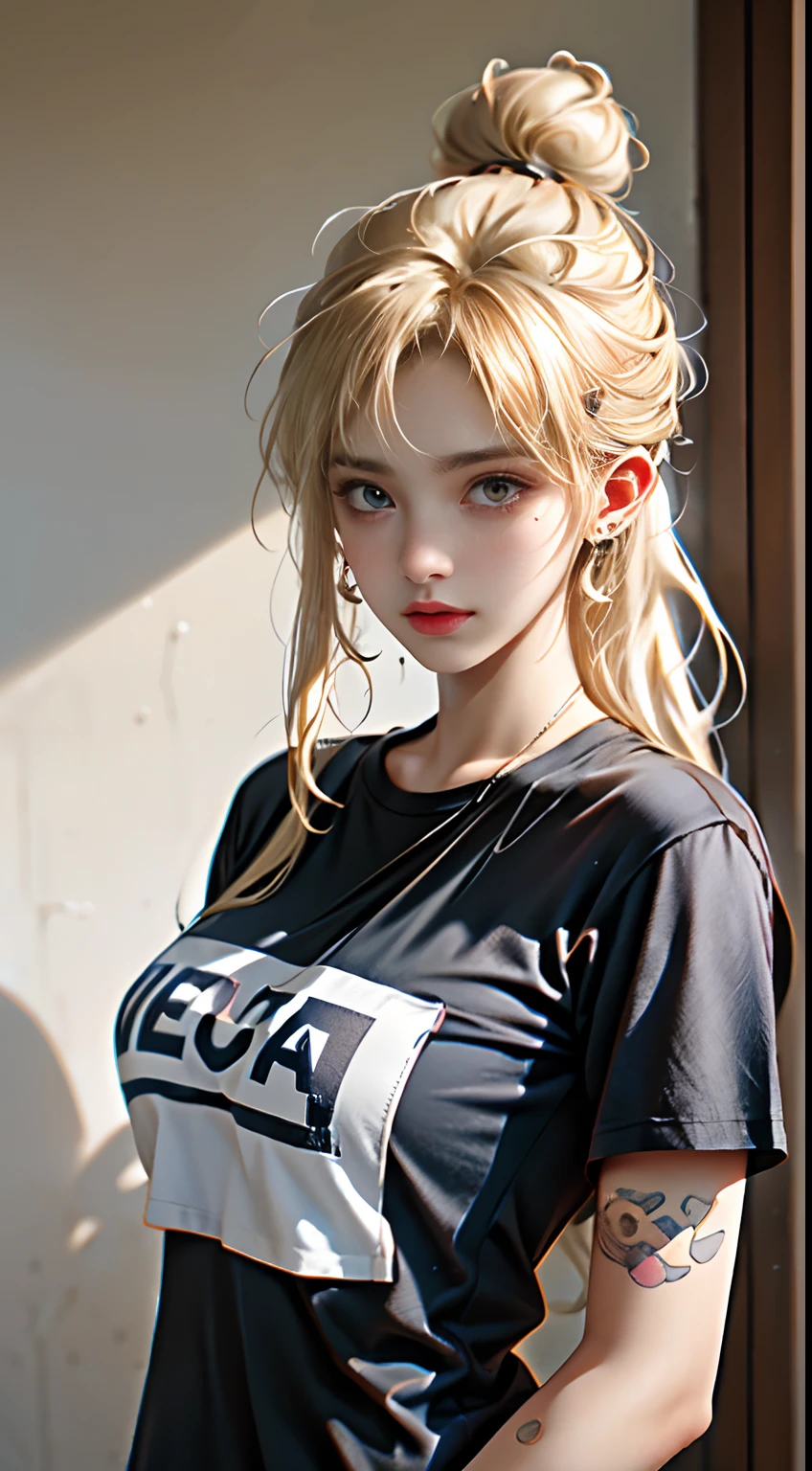 sexy big breasts、Sexy cute looks and cute 15 year old beautiful girl, Beautiful and sexy face、The strong wind blows the hair in front of my face、Blonde French braids with cute and sexy eyes hidden by long bangs、Off-the-shoulder t-shirt、Tulle miniskirt