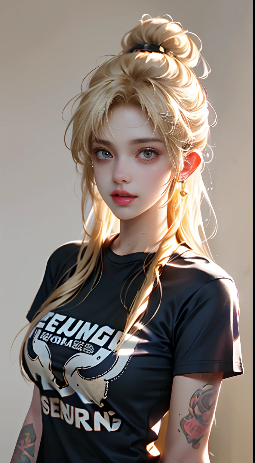 (1girl),large breasts, breasts, tan, dewy skin, sweaty skin, wavy blonde hair, punk tshirt, punk girl
